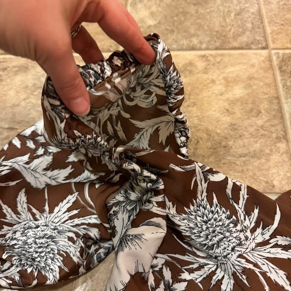 Express Womens Brown Floral Puff Sleeve Crop Top Tie Back Surplice Size 0 - Picture 10 of 14